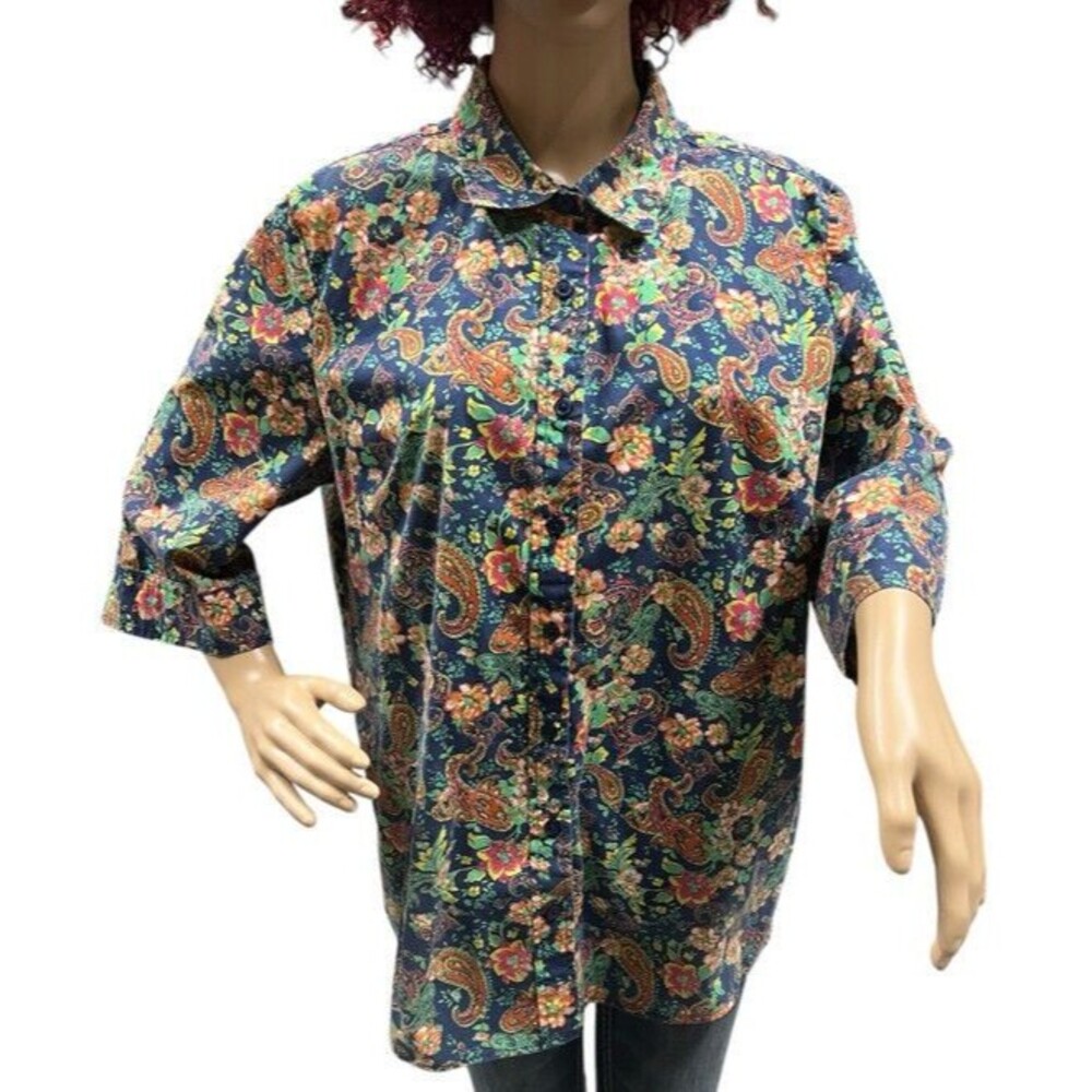 American Sweetheart 3/4 Sleeve Floral Paisley Button Down Shirt Womens Large